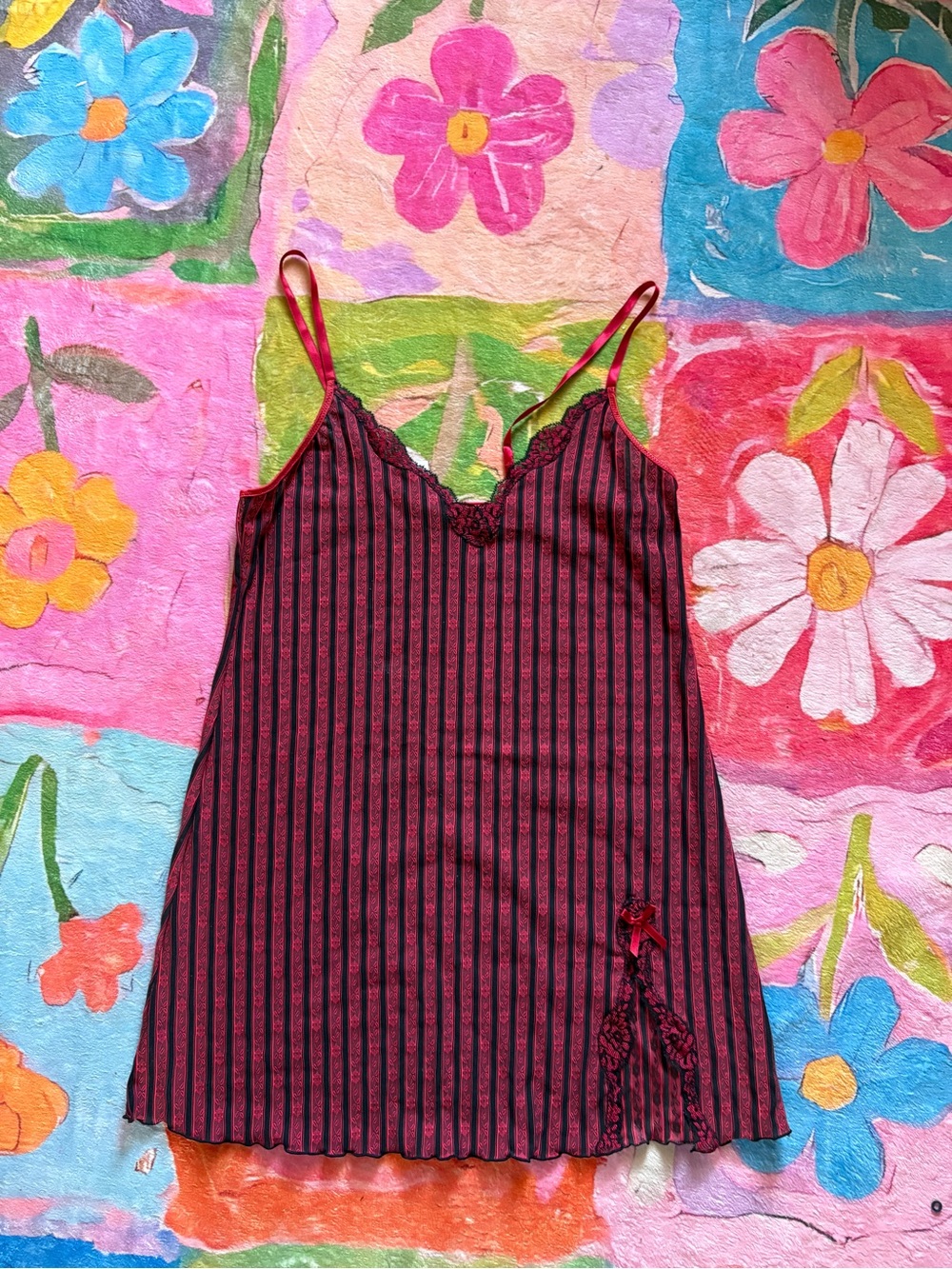 Vintage Passionata Made in France Red & Black Striped Mesh Nightgown L